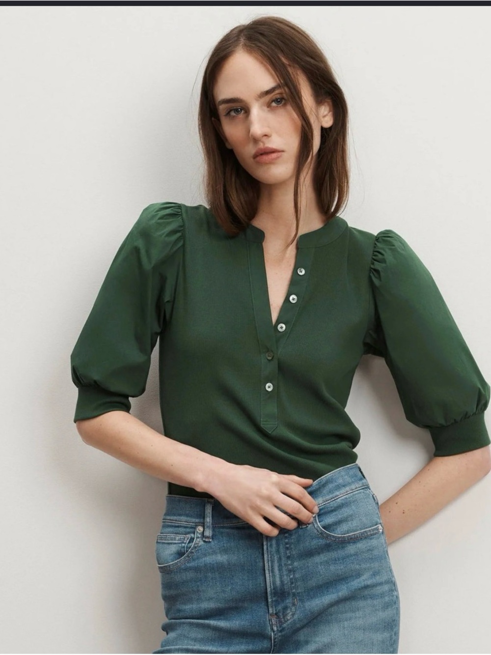 Veronica Beard Coralee Puff Sleeve Henley Top in Hunter Green